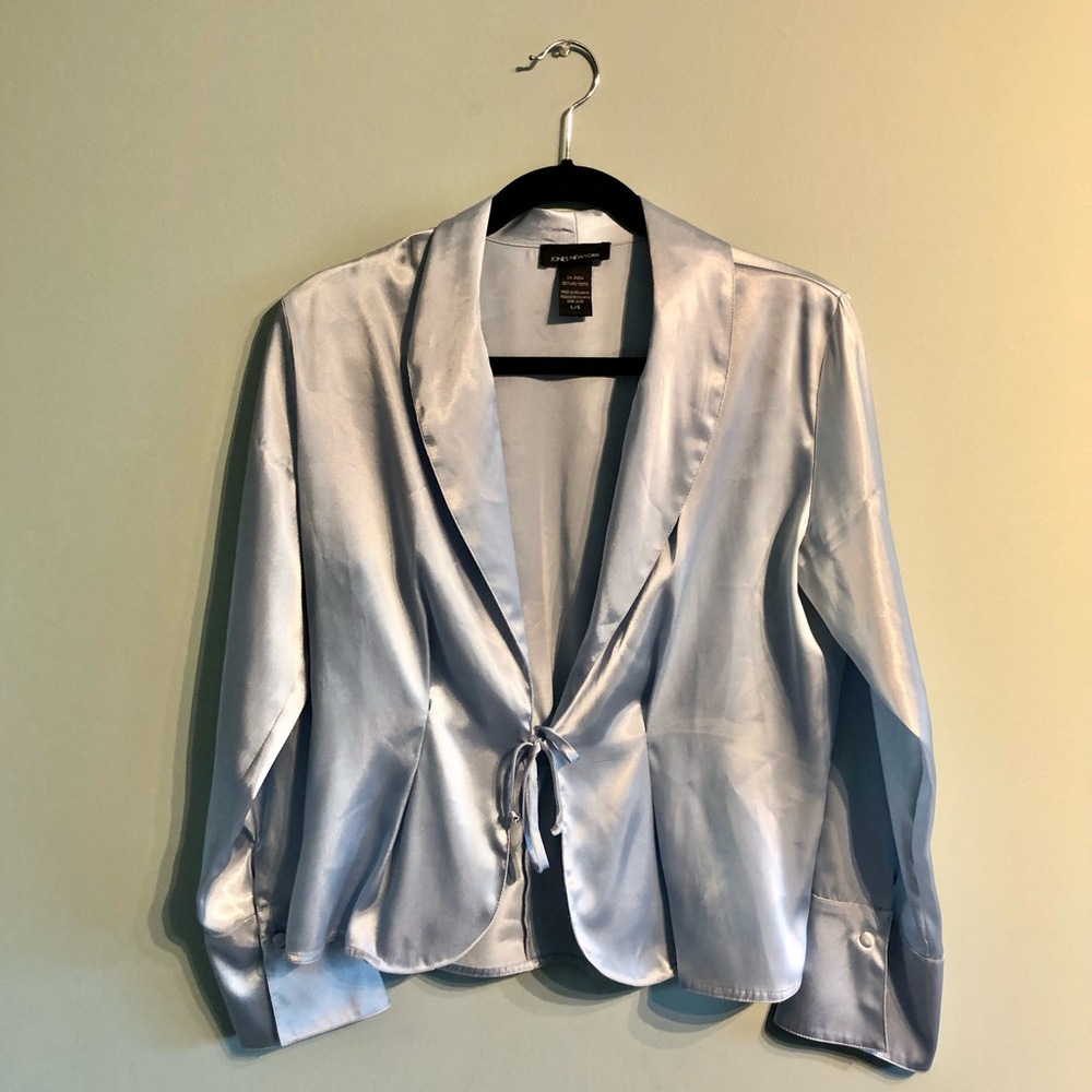 Satin Baby Blue Collared Longsleeve Jones NY Tie Top